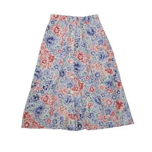 Vintage 90s Essential Elements Blue Red Cream Floral Silk Midi Skirt S